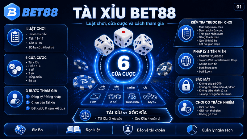 Tài Xỉu BET88 – Hướng Dẫn Luật Chơi Và Các Cửa Cược